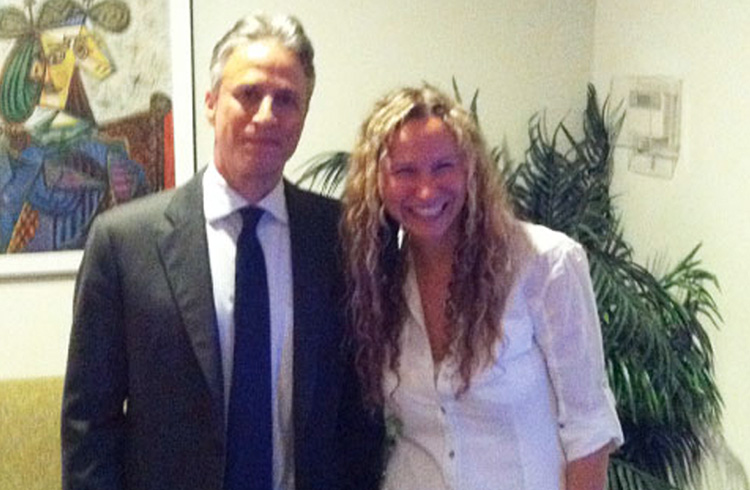 Alison Grand and The Daily Show host Jon Stewart gather in the green room in advance of a segment pegged to Amazon.com’s self-publishing platform, CreateSpace<