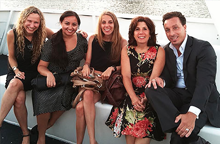 Grand Communications’ Alison Grand, Laura Liebeck, Jaymie Presberg and Rachel Tringali celebrate Coby Electronics’ 20th anniversary along with Coby’s Michael Paladino on a sunset cruise around Manhattan