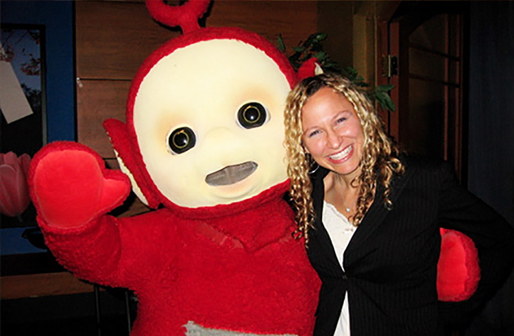 Alison Grand and Po of Teletubbies fame smile for the camera behind the scenes at CW11 Morning News
