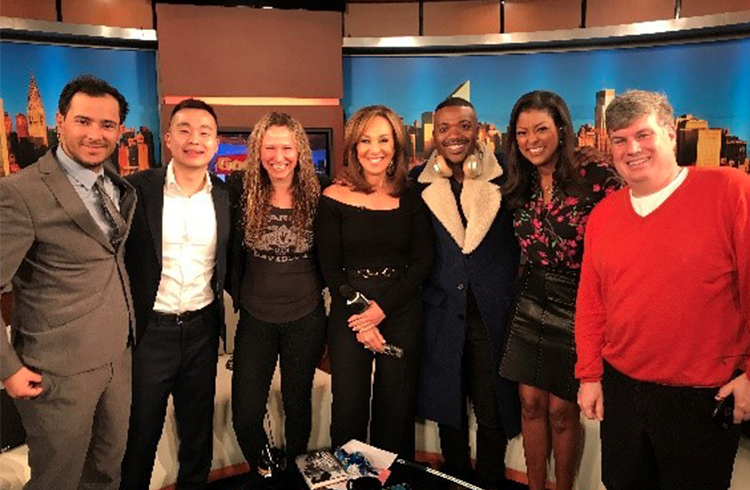 The Grand team’s Alison Grand and Adam Fenton on-set with Raycon co-founders Ray J and Ray Lee of Cowboy Electronics at Fox 5 Good Day NY after showing off some of the company’s newest gear 